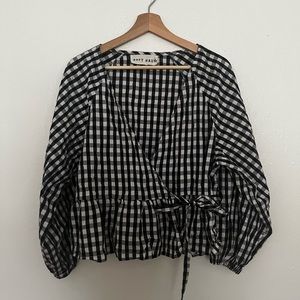 Soft Haus Garden Party Black and White Check Wrap Shirt, XL